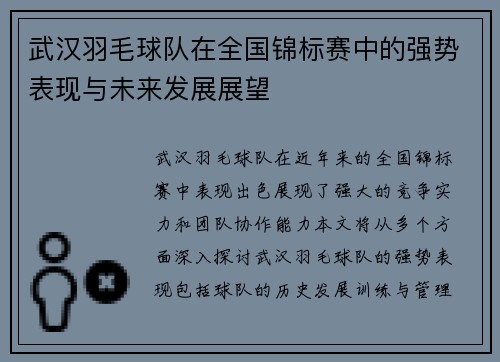 武汉羽毛球队在全国锦标赛中的强势表现与未来发展展望