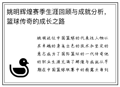 姚明辉煌赛季生涯回顾与成就分析，篮球传奇的成长之路